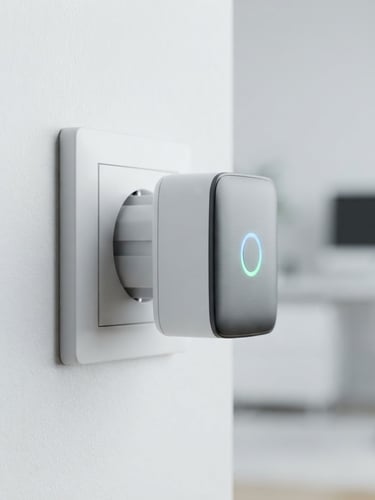 Sleek physical Smart Save device plugged into a modern wall outlet, clean high-tech studio lighting with subtle blue and green ambient accents, sharp focus, 50mm