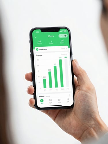 Over-the-shoulder shot of a user viewing a detailed energy savings graph on a smartphone dashboard, clean studio lighting with green accents, sharp focus, 50mm