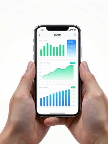 Close-up of hands holding a smartphone displaying a clean digital dashboard with green and blue energy optimization charts, bright clean studio lighting, 50mm