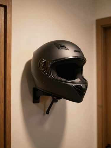 Motorcycle helmet resting on a minimal wall-mounted stand in a clean entryway, warm ambient light, matte dark finish, sparse decor around it