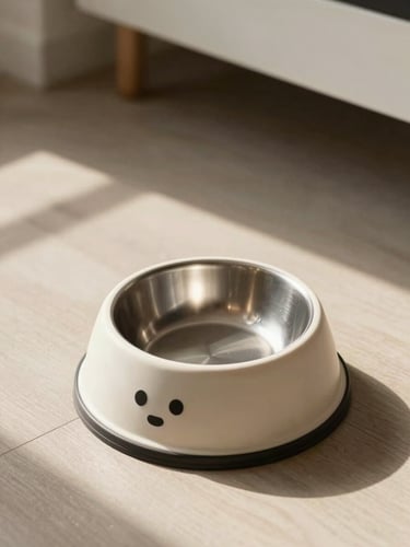 Overhead shot of a personalized dog feeder bowl stand on a light kitchen floor, clean matte finish, warm daylight from the side, no clutter
