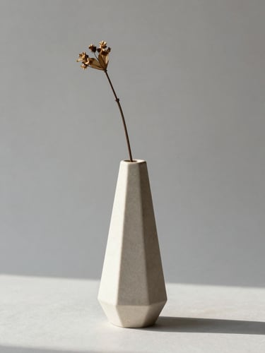 Studio shot of a slender geometric vase on a light greige surface, single dried stem inside, controlled north-facing daylight, clean background