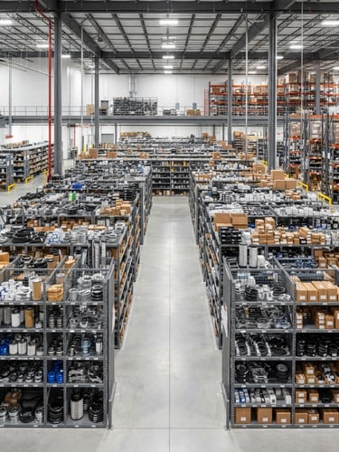Wide panoramic shot of a modern, clean heavy-duty truck parts distribution center interior, high shelves stocked with organized parts, clear studio lighting, crisp focus on the organized rows of components, no people, industrial details.