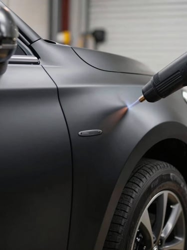 Extreme close-up of a matte black vehicle body being wrapped in high-contrast vinyl, a heat gun in a gloved hand emitting a subtle glow, sharp side-lighting highlighting the tension of the material, industrial workshop environment.