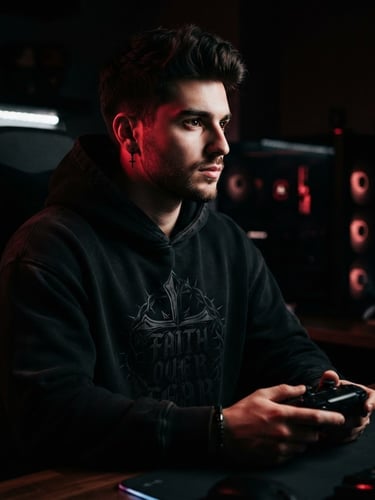 Dramatic low-key portrait of a young man wearing a heavy black Christian graphic hoodie in a dark gaming room, sharp side lighting, crimson highlights