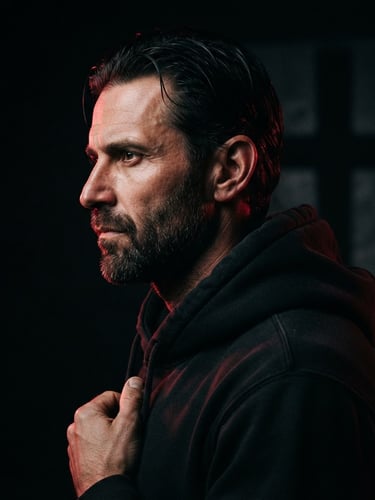 Dramatic low-key portrait of a disciplined man in a dark hoodie, side-lit with deep crimson rim light, dark background with subtle cross motif shadow, high-contrast studio photography.