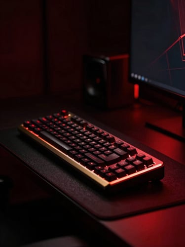 A high-performance gaming setup in a dark room, illuminated by a deep red and gold ambient glow, sharp geometric lines, dramatic low-key lighting.