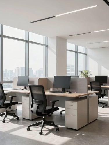 High-end corporate office interior with an ergonomic desk chair and modular workstation, natural daylight streaming through large windows, architectural lines, professional setup.