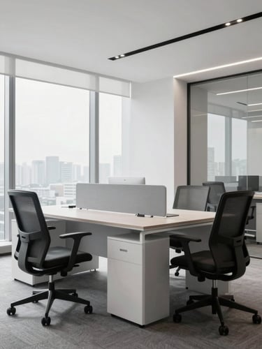 modern corporate office interior photography, clean minimalist design, soft natural daylight, professional ergonomic furniture, high-end architectural style, 35mm lens