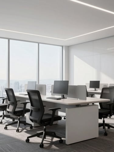Modern corporate office interior with clean minimalist design, soft natural daylight, professional ergonomic furniture, high-end architectural style, 35mm lens
