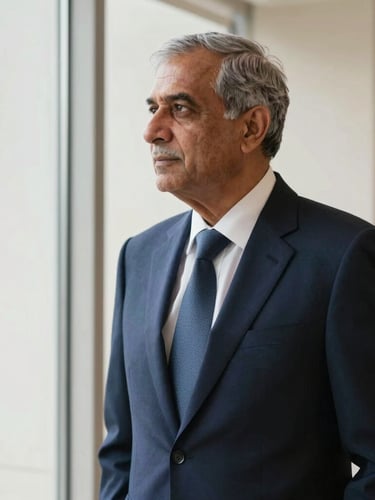 A professional portrait of a senior corporate advisor in a deep navy suit, looking thoughtfully out of a window in Delhi, soft natural lighting, shallow depth of field, 35mm