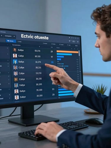 Medium close-up of a focused real estate team leader analyzing active listings on a clean digital dashboard, cool studio lighting, modern slate-toned workspace