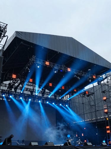 Wide-angle low-shot of massive concert stage rigging, electric blue spotlights cutting through haze, technical precision, high-contrast, sharp focus