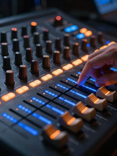 Macro tight crop of a professional soundboard with glowing orange dials and blue LED level indicators, hand adjusting a fader, razor-sharp depth of field.