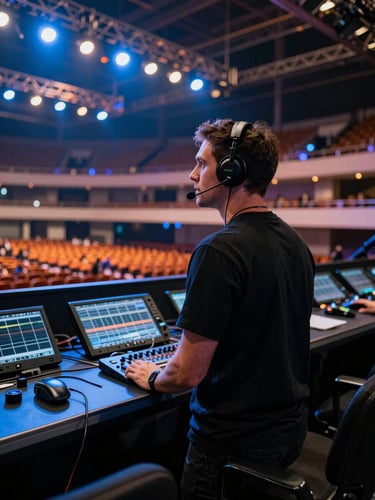 Environmental portrait of a stage production manager in black attire, wearing a headset, looking toward a brightly lit arena stage during soundcheck, daylight mixed with stage lights.