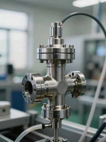 Close-up of stainless steel valve assembly on a pharmaceutical filling line, industrial daylight from the left, precise fittings and tubing visible, neutral production hall background out of focus