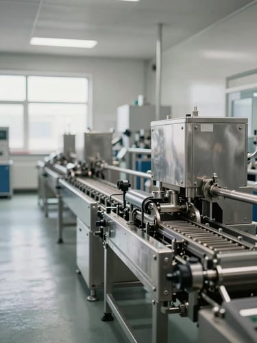Wide industrial production hall interior, stainless steel filling line machinery in the foreground occupying the right two-thirds of frame, left side open with diffused northern window light, no people, clean pharma-grade equipment surfaces, flat neutral industrial daylight