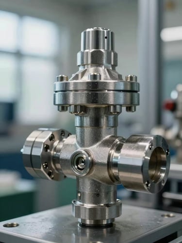 Extreme close-up of a stainless steel valve assembly on a production line, precision-machined fittings and pipe connections visible, industrial daylight from the left, no people