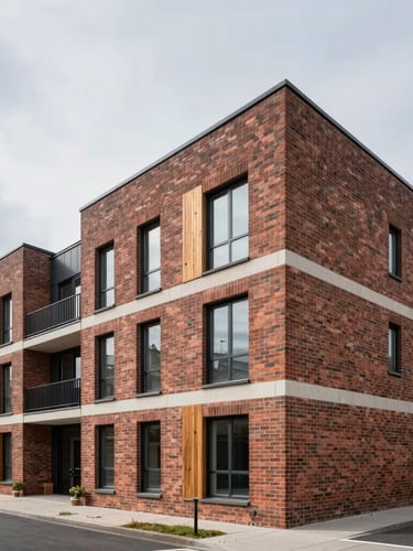 Overcast daylight architectural shot of a modern brick and timber multifamily residential building facade, focusing on clean structural lines and high-quality masonry, wide-angle street-level perspective with generous negative space.