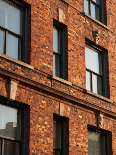 Macro architectural detail of restored historic brickwork and modern dark steel window frames on a multifamily building at golden hour.