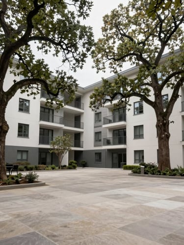 Wide angle environmental shot of a clean, modern apartment courtyard with mature oak trees under overcast daylight.