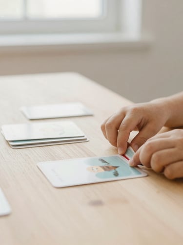 Close-up of a child's hands calmly organizing a color-matching card game on a clean, light wood table. Soft, diffused natural window light, muted pastel tones, warm editorial photography style.