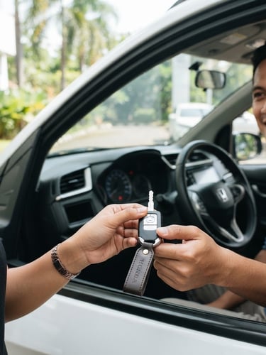 Close-up of clean car keys being handed over to a customer in bright natural Indonesian daylight, clean vehicle dashboard visible in the background, sharp focus