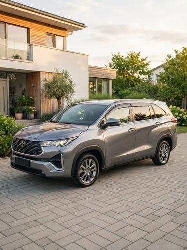 Mobil MPV keluarga berwarna abu-abu metalik terparkir rapi di halaman rumah modern berpaving, cahaya matahari sore yang hangat menerangi bodi mobil, sudut pengambilan gambar tiga perempat.