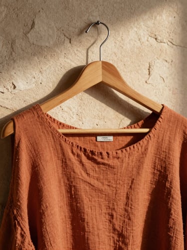 Close-up of terracotta-washed linen draped over a custom wooden hanger, warm side-lighting casting organic shadows on a sandstone plaster wall.