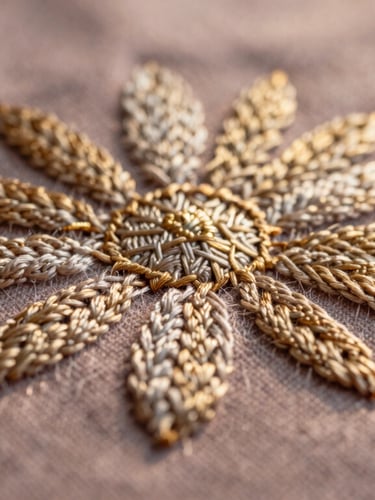 Macro detail of intricate embroidery on dusty mauve organic cotton, soft golden hour light revealing tactile thread textures.