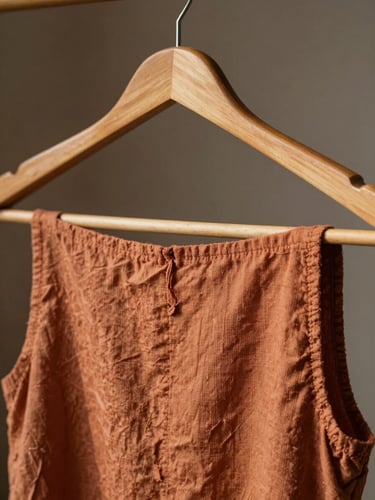 Macro detail of terracotta-washed linen fabric draped over a warm wooden hanger in a sunlit studio, soft side-lighting with organic shadows