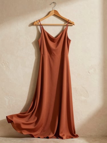 A flowing terracotta maxi dress draped elegantly on a custom wooden hanger, warm side-lighting, organic shadows against a soft cream sandstone wall.