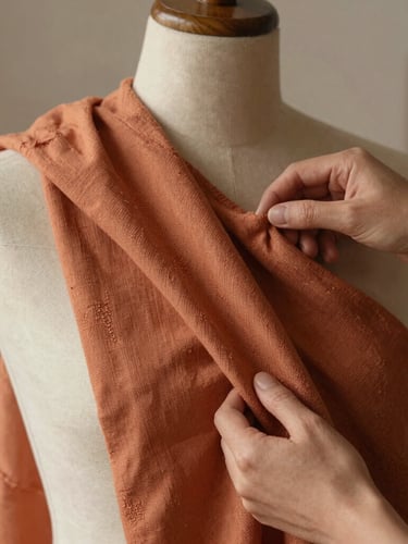 Close-up of hands draping terracotta-washed linen on a wooden mannequin, warm morning light casting soft shadows in an airy Utah studio, macro textile detail.