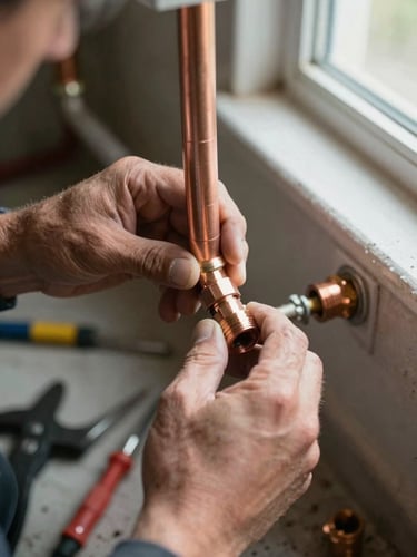 Close-up of a technician's hands installing a copper pipe fitting in a residential plumbing chase, tools and pipe fittings visible, even daylight from a nearby window, documentary framing showing job scope