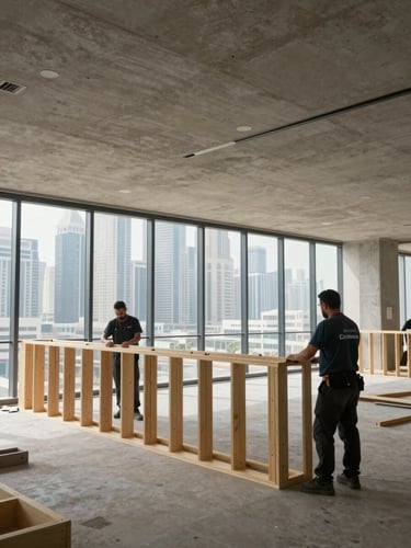 Wide environmental shot of a Dubai office interior mid fit-out, raw concrete ceiling exposed, uniformed Ecoformax technician measuring partition framing in foreground, floor-to-ceiling glazing with city skyline visible behind, even site lighting