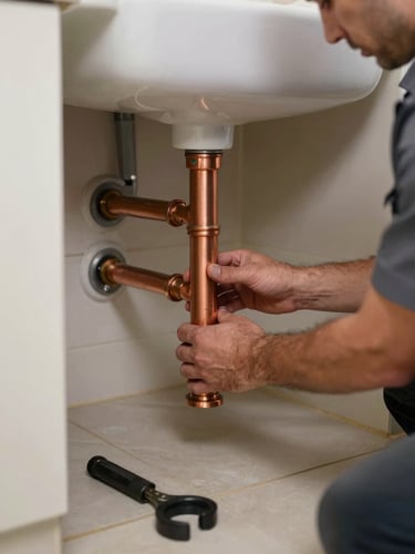 Close-up wide shot of uniformed technician hands installing copper pipes under a sink in a Dubai apartment, site lighting, tools laid on tiled floor beside them, no styling