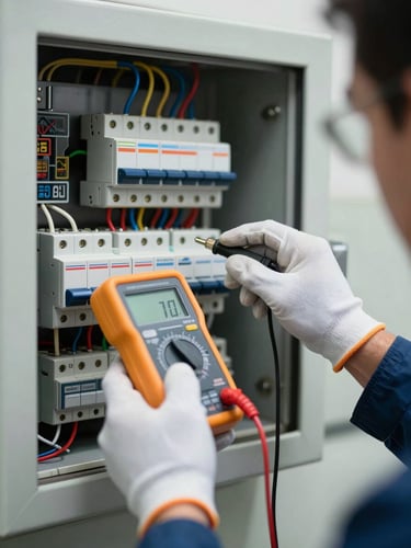 Close-up of a technician's gloved hands using a multimeter to test an electrical circuit breaker panel inside a Dubai commercial building, sharp focus on the meter display and wire connections, even site lighting