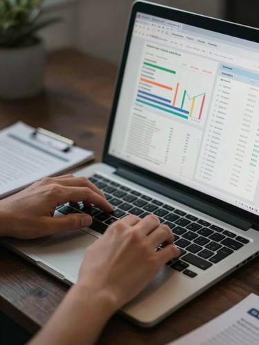 Close-up of a small business owner's hands on a laptop keyboard, monitor in background displaying a financial dashboard with charts and tax summary panels, organized desk with printed documents, clean overhead office lighting, dark neutral tones