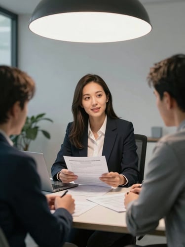 Medium shot of a licensed tax professional in consultation with a small business client across a desk, papers and a laptop open between them showing a tax advisory report, clean overhead studio lighting, professional office setting, no staged smiles