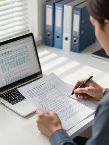 Close-up medium shot of a licensed tax professional reviewing printed study materials at a clean desk, a laptop open beside them showing a tax form on screen, window light from the left casting clean shadows, organized binders in the background, no distracting clutter