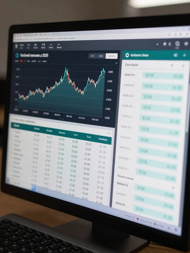 Close-up of a dark-mode financial dashboard on a monitor screen, showing real-looking charts, tax summary panels, and ledger rows in teal and slate tones, keyboard partially visible in foreground, clean overhead lighting