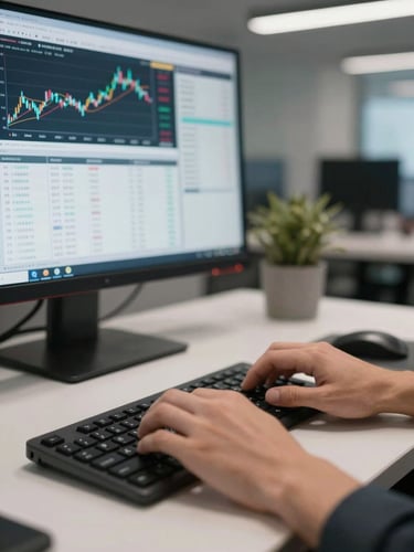 Close-up of hands at a keyboard on a clean desk, a monitor in the background displaying a financial dashboard with charts and account summaries, cool overhead office lighting, organized workspace
