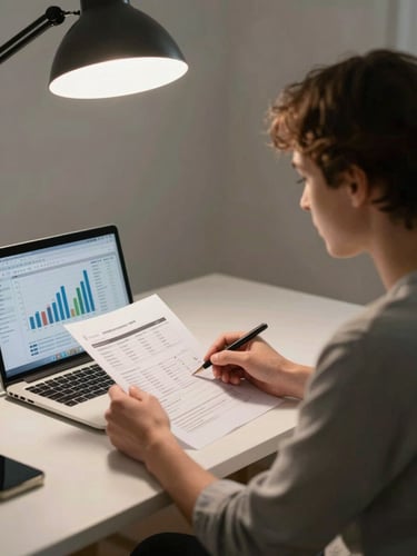 Medium shot of a small business owner seated at a tidy desk, studying a printed financial report beside an open laptop displaying a bar chart dashboard, overhead studio lighting, neutral background, focused expression, no visible faces of stock models