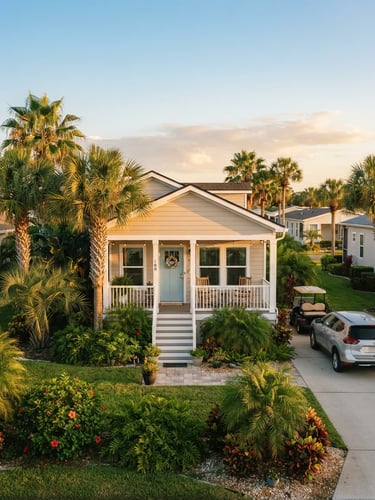 A bright, sun-drenched exterior of a modern manufactured home in Lakeland, Florida, surrounded by lush green palm trees under warm golden-hour sunlight, 35mm lens