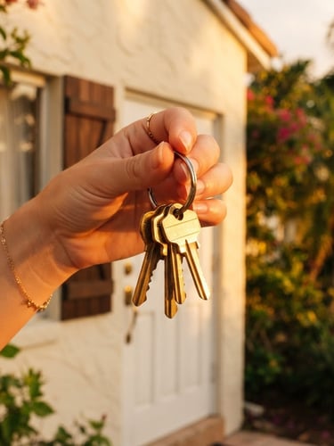 Close-up of a hand holding shiny brass keys on a silver ring, warm golden Florida sunset light washing over a clean cream-colored home exterior, 35mm lens.