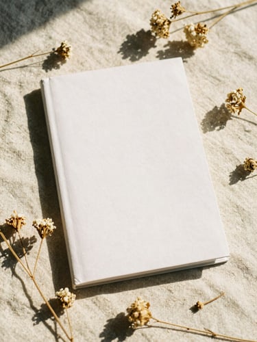 A beautifully designed book cover resting on a textured linen surface, surrounded by dried wildflowers and warm sunlight, 35mm film style