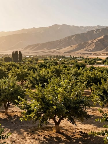 Wide panoramic shot of a sun-drenched organic orchard in an Afghan valley, low horizon, mountains in the distance, warm golden hour light