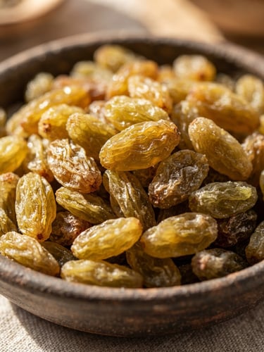 Macro photography of premium Afghan green raisins, sun-drenched, rich golden-green textures, shallow depth of field, sharp editorial food photography.