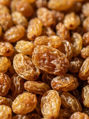 Extreme macro photography of premium golden raisins, sun-drenched natural lighting, rich warm earth tones, sharp texture detail.