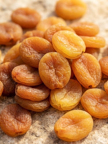 Macro photograph of golden sun-dried Afghan apricots on a clean stone surface, warm natural sunlight casting soft shadows, rich textures, shallow depth of field